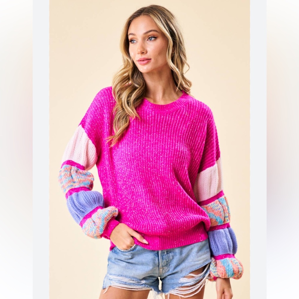 Boutique Squad Sweater with colorful puff sleeves (size large)